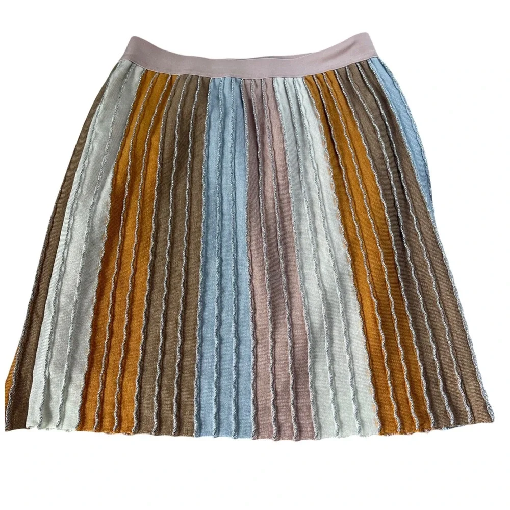 Eva Franco Multicolor Pleated Skirt M Stretch Waist Metallic Ribbed Stripes‎